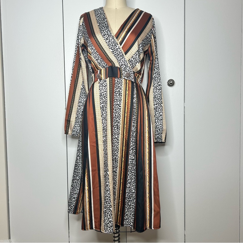 Boohoo Striped Animal Print Fit & Flare Midi Dress